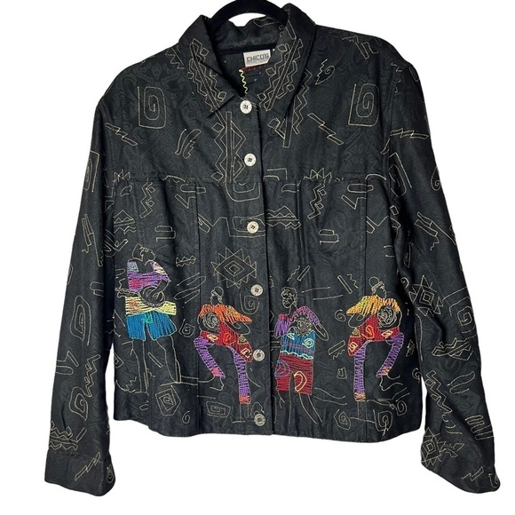 Chico’s Women’s Embroidered Blazer Jacket Size 2 Black Art to Wear Music Banjo L - Picture 1 of 9